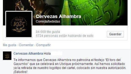 Captura del comunicado de Cervezas Alhambra en facebook.