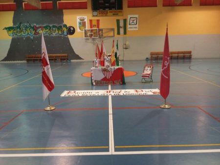 Trofeos y banderas antes del comienzo de la final en el pabellón.