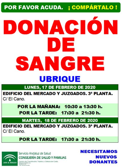 Llamamiento al vecindario de Ubrique para que done sangre el lunes 17 y el martes 18 de febrero de 2020 en el edificio del mercado