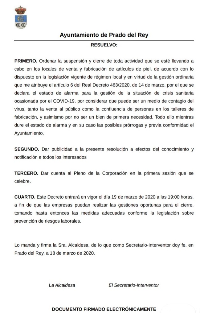 Comunicado del Ayuntamiento de Prado del Rey.