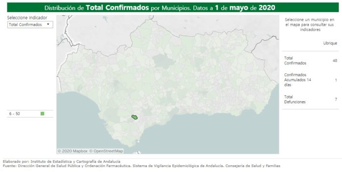 Mapa con la estadística de contagios y fallecimientos en Ubrique por covid-19, según la Junta de Andalucía.