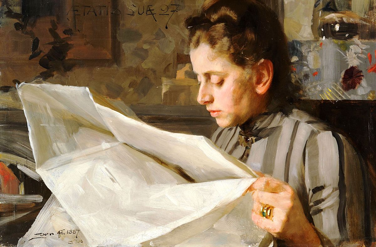Emma Zorn, leyendo. Óleo sobre lienzo de Anders Zorn, 1887.