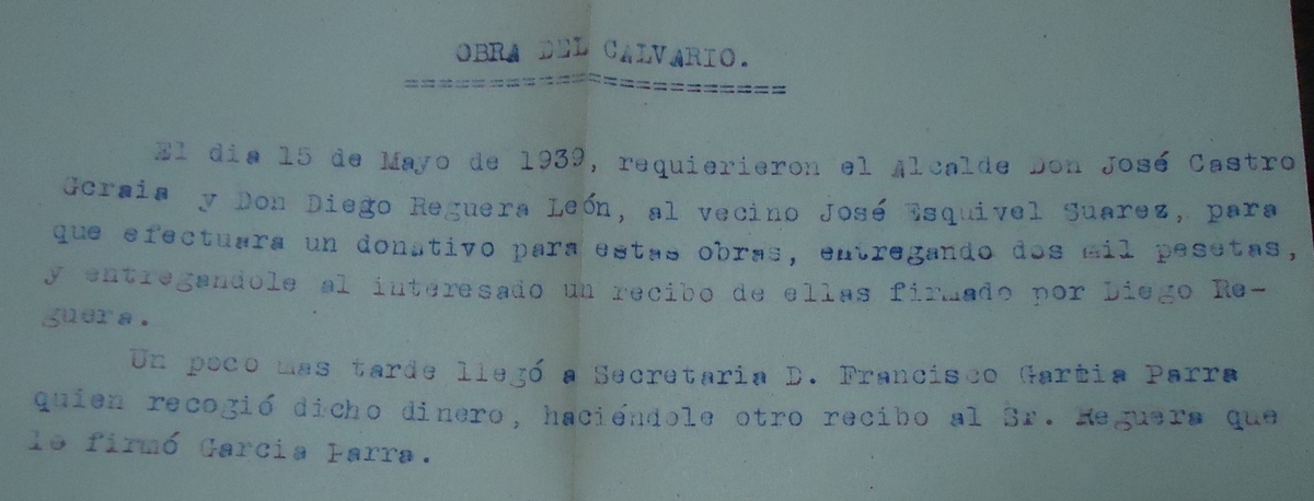 Requerimiento a José Esquivel para que pagara 2.000 pesetas para la restauración del Calvario (Archivo Miunicipal de Ubrique).