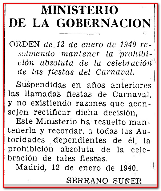 Orden de prohibiciòn del Carnaval, 1940 (BOE).